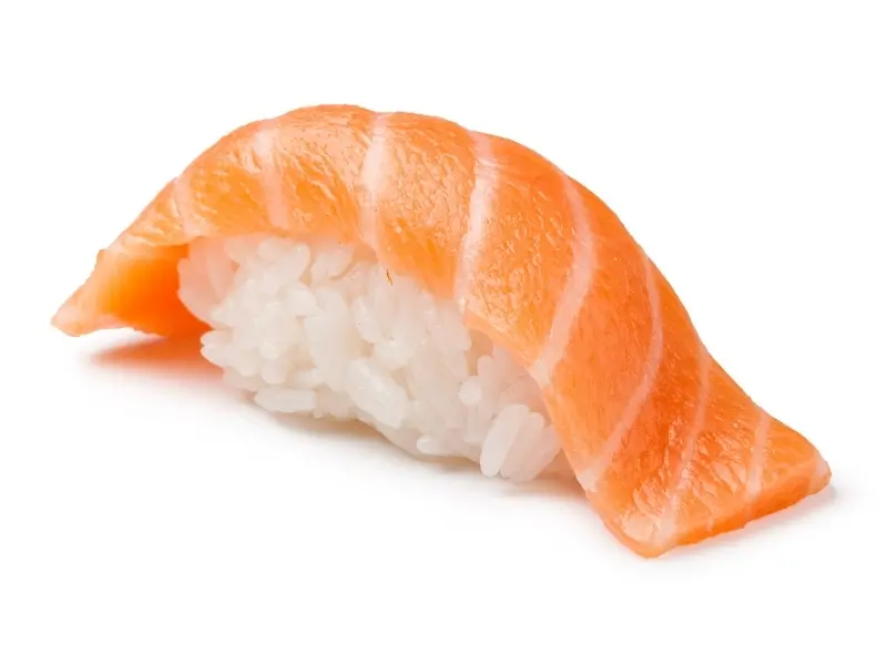 Salmon nigiri sushi with fresh salmon fillet atop seasoned rice at Kung Fu Kitchen, a Japanese Restaurant in North Smithfield