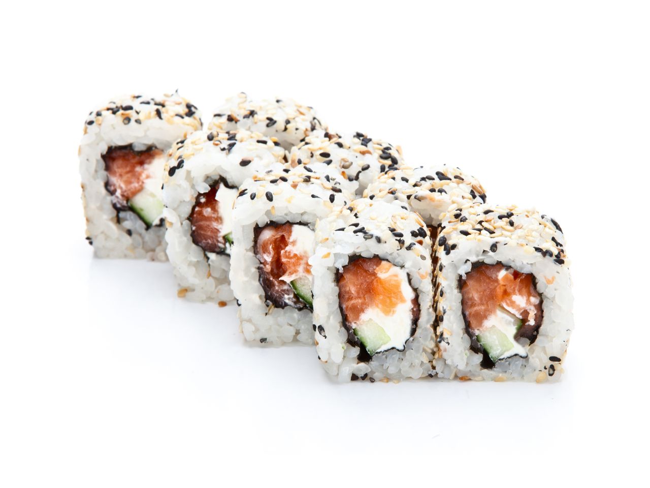 Salmon cream cheese roll with black and white sesame at Kung Fu Kitchen, a Japanese Restaurant in North Smithfield